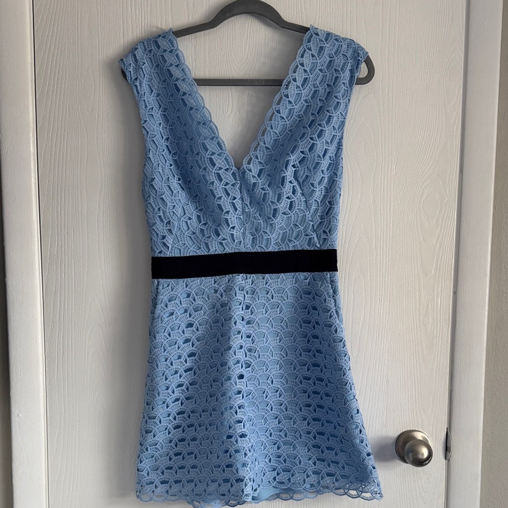 Women’s Light Blue Lace V-Neck Romper with Black Waistband